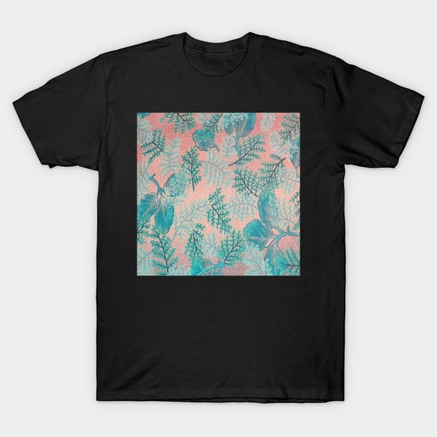 Retro Floral Pattern Design, Teal Leaves & Pink Background: Apparel, Spring & Summer Home Decor & Gifts T-Shirt by tamdevo1